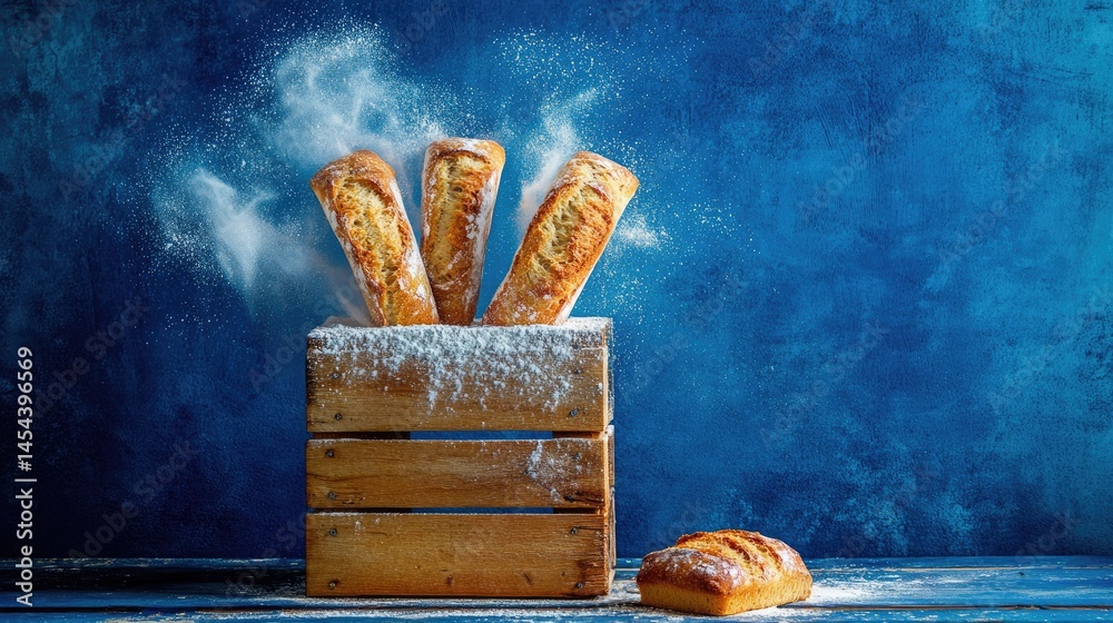 Poster Freshly baked mini loaves with a dusting of flour, centered in frame with a saturated cobalt background adding visual interest