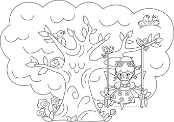 Vector black and white scene with flower fairy on swing, big tree, birds. Line composition with girl. Cute scenery with magic princess with meadow. Fantasy illustration, coloring page