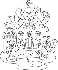 Vector black and white swamp fairy house line icon. Woodland princess home clipart. Fantasy forest cottage illustration, coloring page. Magic fairytale dwelling with reeds, water lily, dragonfly
