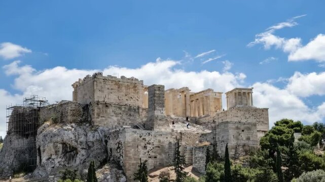 Ancient Greek temple ruins, marble stone buildings on a hill, archaeological site, blue cloudy sky