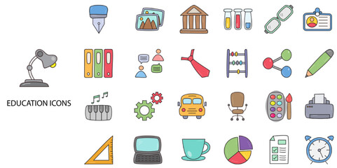 Education 24 color icons. Contain such books, pen, pencil, light, clock. Vector illustration.