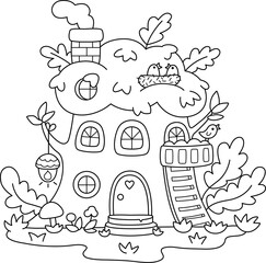 Naklejka premium Vector black and white acorn fairy house line icon. Woodland princess home clipart. Fantasy forest cottage illustration, coloring page. Magic fairytale dwelling, treehouse shaped as tree