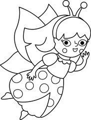 Vector black and white insect fairy icon. Cute little girl with wings. Woodland princess line clipart. Fantasy forest fay illustration or coloring page. Magic fairytale creature in ladybird dress