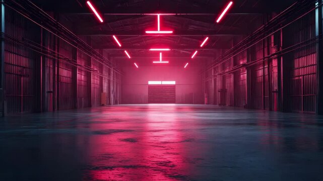 Large, empty warehouse with neon lights shining down on the floor. The space is dimly lit and gives off a mysterious, almost eerie atmosphere