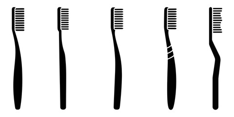 Toothbrushes, Toothbrush Silhouette and Line Icon Set. Oral Hygienic and Health Tool Sign. Tooth Care Equipment Black Pictogram Collection. Dental Daily Hygiene Accessory Symbol Isolated Vector.