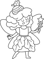 Vector black and white acorn fairy icon. Cute little girl with wings. Woodland princess line clipart. Fantasy forest fay illustration, coloring page. Magic fairytale creature in leaf dress