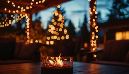Outdoor patio fire pit at night
