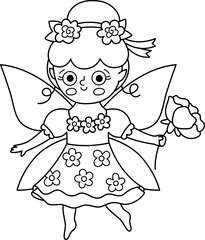 Vector black and white flower fairy icon. Cute little girl with wings. Woodland princess line clipart. Fantasy forest fay illustration, coloring page. Magic fairytale creature holding rose