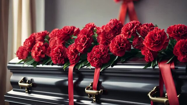 A close-up of a funeral banner with an elegant arrangement of deep red carnations and a flowing black ribbon