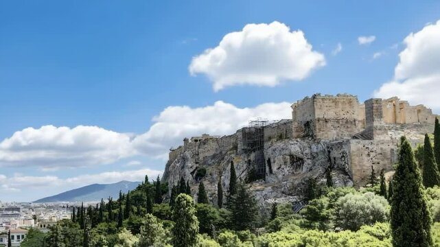 Ancient Greek temple ruins, marble stone buildings on a hill, archaeological site, blue cloudy sky