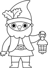 Vector black and white dwarf icon. Magic creature line clipart. Cute fairytale character. Woodland fantasy gnome with lamp, beard. Forest fairy tale illustration, coloring page