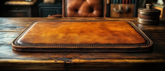 A rich brown leather desk blotter sits on a wood table