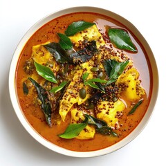 Delicious Kerala Fish Curry Garnished with Curry Leaves in a Bowl