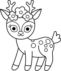 Vector black and white deer icon. Magic creature line clipart. Cute fairytale character. Woodland fantasy animal with flowers on horns. Forest fairy tale illustration, coloring page