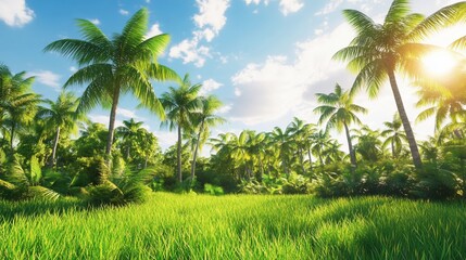 Obraz premium Lush Tropical Paradise with Palm Trees, Green Grass, and Azure Sky