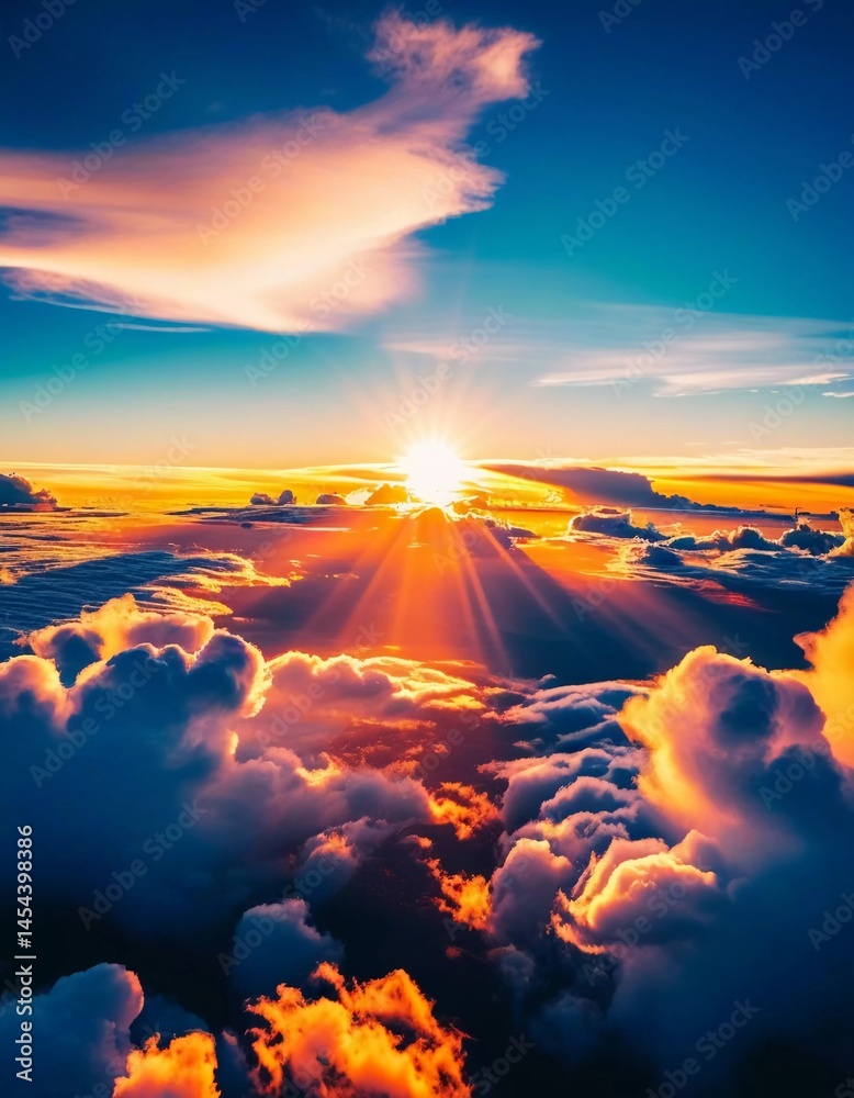 Poster golden rays spread over the horizon as the sun sets, illuminating billowing clouds in vibrant orange
