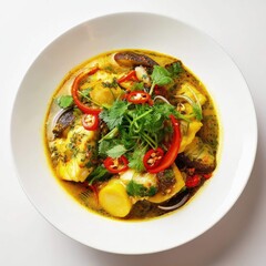Delicious looking bowl of seafood curry with potato and garnish on white