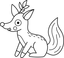 Vector black and white fox icon. Magic creature line clipart. Cute fairytale character. Woodland fantasy animal with twig on head. Forest fairy tale illustration, coloring page isolated on white