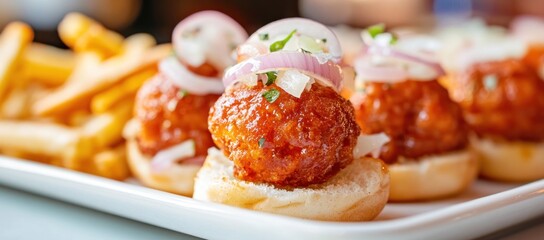 Spicy Chicken Sliders with Red Onion and Fries