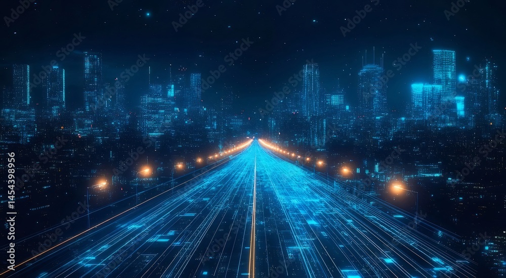 Aufkleber デジタル化された都市の夜景 青色の光る道路と高層ビルの未来的な風景