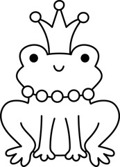 Vector black and white frog prince or princess icon. Magic creature line clipart. Cute fairytale character. Woodland fantasy animal with crown on head. Forest fairy tale illustration, coloring page