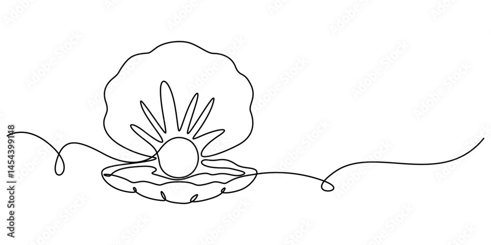 Poster Continuous one line drawing of open oyster shell with pearl, Continuous one line drawing of sea shell. Seashell symbol. Spa beauty and wellness salon banner in simple linear style. Vector illustration