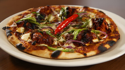 Delicious Tandoori Chicken Tikka Pizza with Red Onions and Green Peppers on a Wooden Table