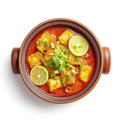 Delicious Tofu Curry in a Clay Pot Garnished with Lime and Herbs
