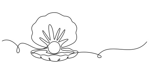 Continuous one line drawing of open oyster shell with pearl, Continuous one line drawing of sea shell. Seashell symbol. Spa beauty and wellness salon banner in simple linear style. Vector illustration