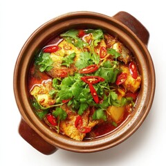 Delicious Vietnamese Braised Fish in Clay Pot with Fresh Herbs and Peppers