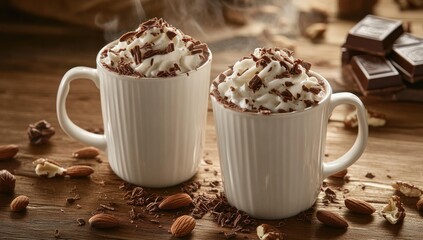 Two mugs of hot chocolate with whipped cream and chocolate shavings, served with almonds and chocolate pieces on a rustic wooden table. A comforting and delicious winter treat!