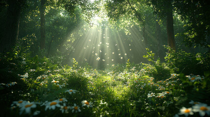Fototapeta premium Sunlit forest pathway with flowers