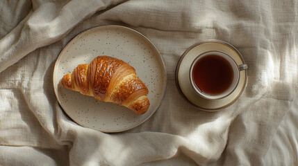 Warm croissant on plate beside cup of tea creates cozy morning vibe