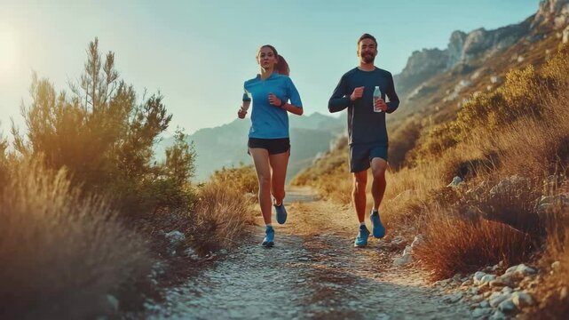 Two people running on a dirt path in the woods. The man is wearing a blue shirt and the woman is wearing a blue shirt and shorts