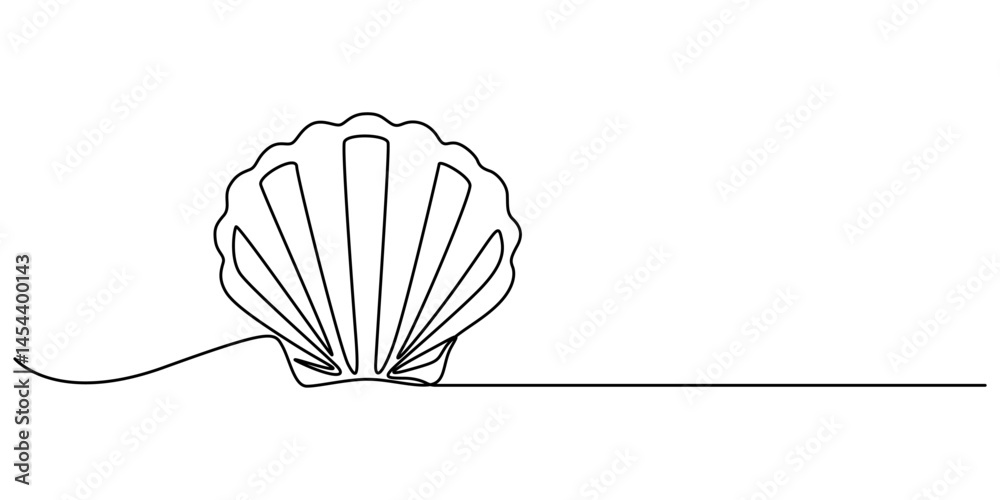 Poster Continuous one line drawing of open oyster shell with pearl, Continuous one line drawing of sea shell. Seashell symbol. Spa beauty and wellness salon banner in simple linear style. Vector illustration