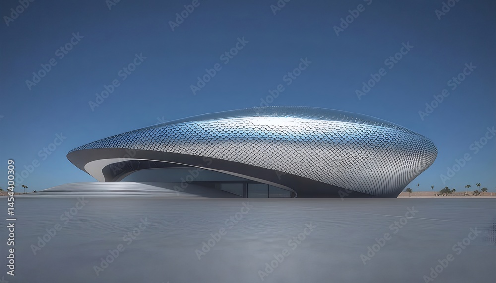 Aufkleber メタリックな未来的な建物 青い空の下 屋外のモダンデザインの構造物