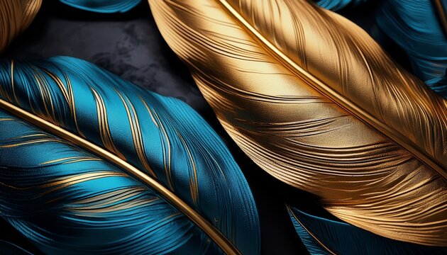 a close up of a gold and blue leafs on a black background metallic testure