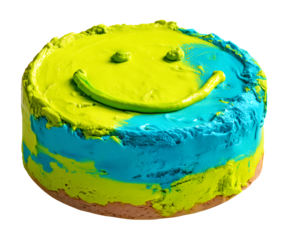 Neon smiley face cake on a transparent background.