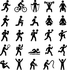 Naklejka premium Silhouette Icons of Fitness and Sports Activities – Running, Yoga, Weightlifting, Swimming, Cycling and More
