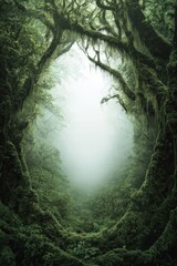 Mystical foggy forest with dense green foliage and magical light opening