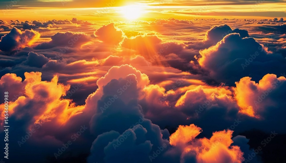 Poster soft clouds blanket the horizon as the sun rises, casting a warm golden glow over the landscape. the