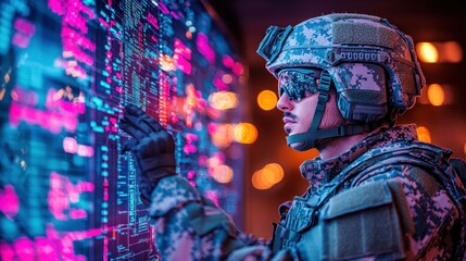 Soldier analyzes complex interface with neon glowing data