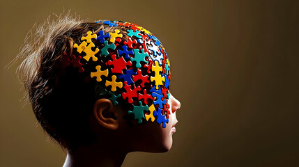 Child Profile With Colorful Puzzle Pieces On Head