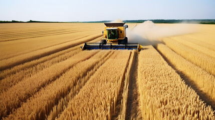 Fototapeta premium A combine harvester harvesting wheat in a vast, golden field under a clear sky.