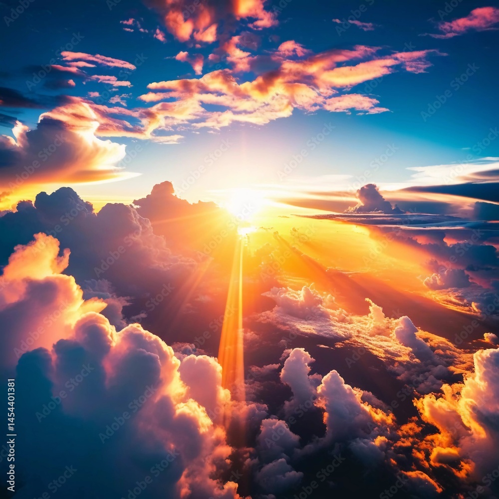 Poster golden rays of sunlight break through a tapestry of vibrant clouds during sunrise, creating a magica