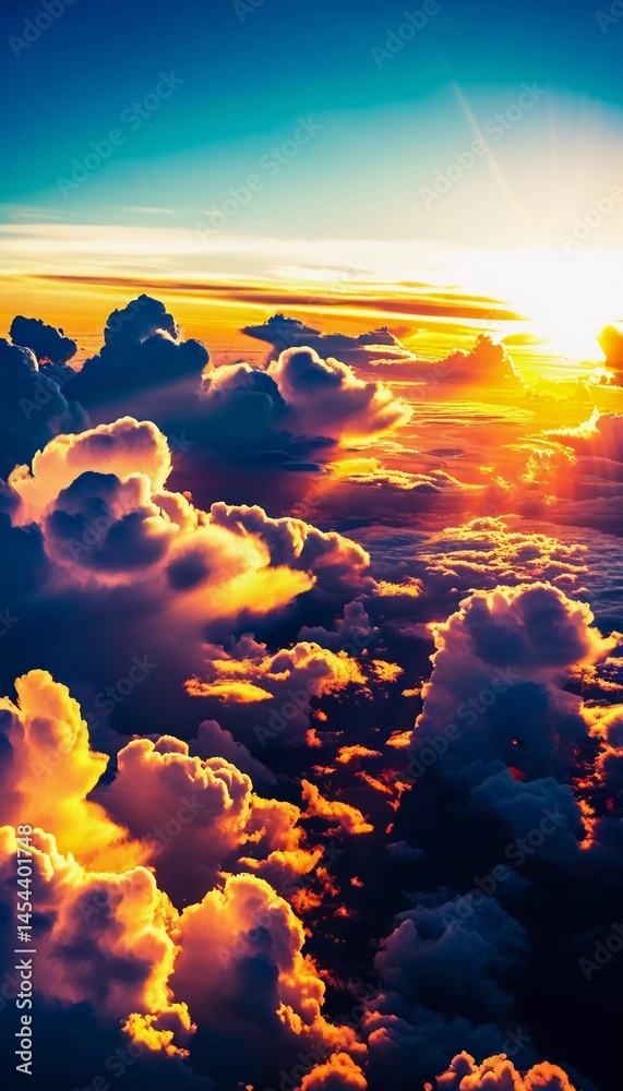 Aufkleber Golden rays of sunlight break through fluffy clouds as the day transitions to night, creating a captivating tapestry of colors in the sky, evoking peace and wonder Generative AI