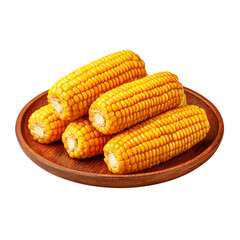 Isolated trasparent Png. Fresh corn on a wooden plate.