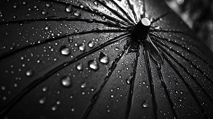 Closeup of Black Umbrella with Water Droplets Reflecting Light in Monochrome Setting