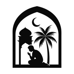 Muslim man praying under palm trees with crescent moon and Islamic arch silhouette vector