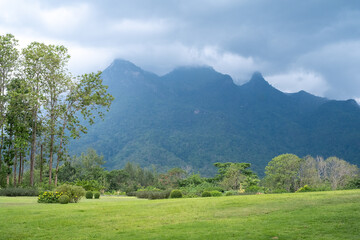 A manicured garden with the majestic Doi Luang Chiang Dao mountain in the background . Chiang Mai Thailand.